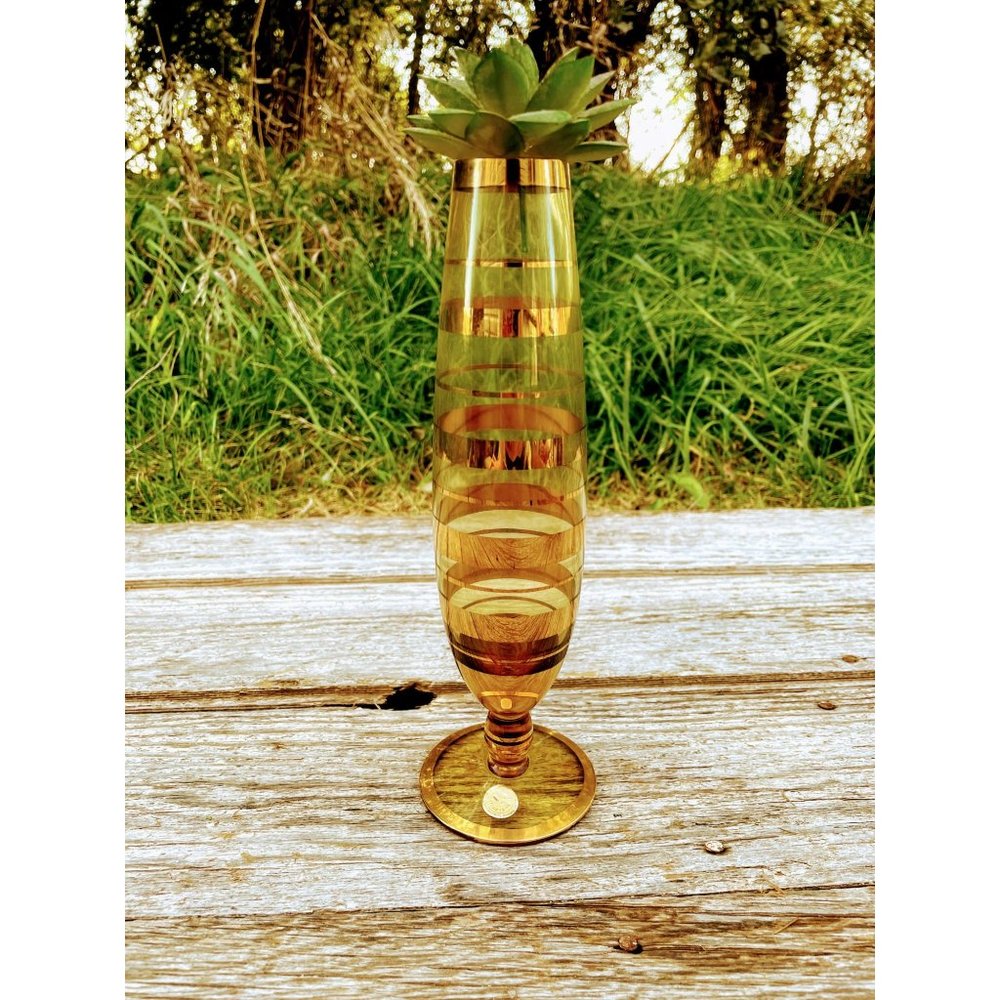 Vintage Glass Mid century Citrine Yellow Gold Stripe Bud Vase Romania